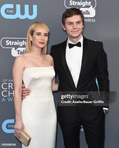 Actors Emma Roberts and Evan Peters attend the 23rd Annual Critics' Choice Awards at Barker Hangar on January 11, 2018 in Santa Monica, California.