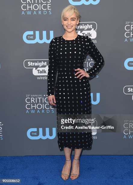 Actress Emilia Clarke attends the 23rd Annual Critics' Choice Awards at Barker Hangar on January 11, 2018 in Santa Monica, California.