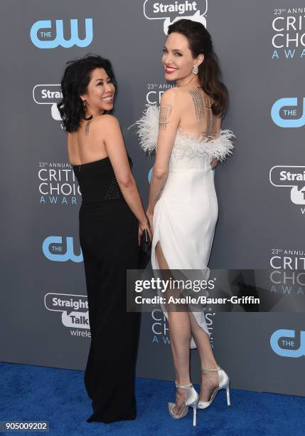 Actress Angelina Jolie and activist Loung Ung attend the 23rd Annual Critics' Choice Awards at Barker Hangar on January 11, 2018 in Santa Monica,...