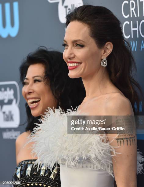 Actress Angelina Jolie and activist Loung Ung attend the 23rd Annual Critics' Choice Awards at Barker Hangar on January 11, 2018 in Santa Monica,...