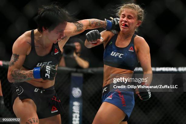 Jessica-Rose Clark lands a punch against Paige VanZant during the UFC Fight Night event inside the Scottrade Center on January 14, 2018 in St. Louis,...