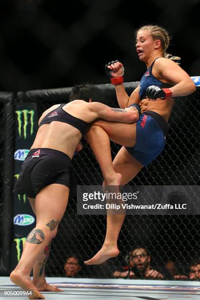 Paige VanZant attempts to land a kick against Jessica-Rose Clark during the UFC Fight Night event inside the Scottrade Center on January 14, 2018 in...