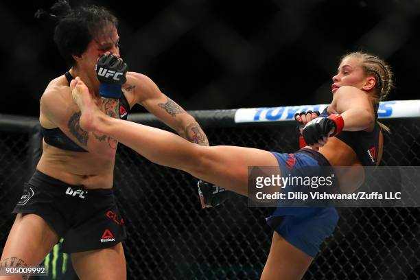 Paige VanZant attempts to land a kick against Jessica-Rose Clark during the UFC Fight Night event inside the Scottrade Center on January 14, 2018 in...
