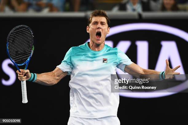 Matthew Ebden of Australia celebrates winning his first round match against John Isner of the United States on day one of the 2018 Australian Open at...