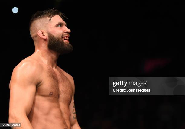 Jeremy Stephens celebrates his TKO victory over Dooho Choi of South Korea in their featherweight bout during the UFC Fight Night event inside the...