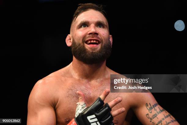 Jeremy Stephens celebrates his TKO victory over Dooho Choi of South Korea in their featherweight bout during the UFC Fight Night event inside the...