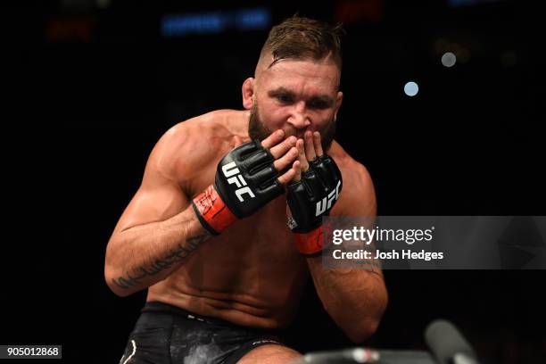 Jeremy Stephens celebrates his TKO victory over Dooho Choi of South Korea in their featherweight bout during the UFC Fight Night event inside the...