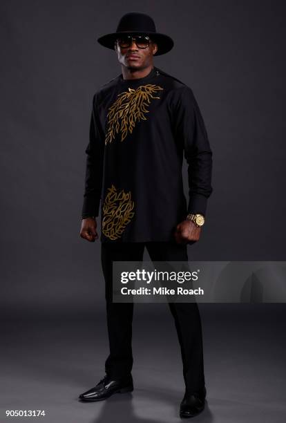 Kamaru Usman of Nigeria poses for a post fight portrait backstage during the UFC Fight Night event inside the Scottrade Center on January 14, 2018 in...