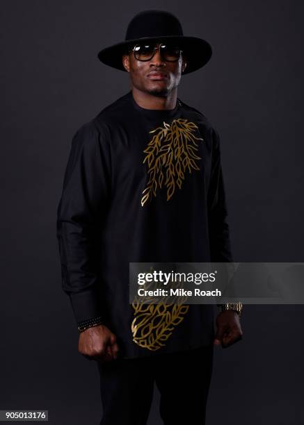 Kamaru Usman of Nigeria poses for a post fight portrait backstage during the UFC Fight Night event inside the Scottrade Center on January 14, 2018 in...
