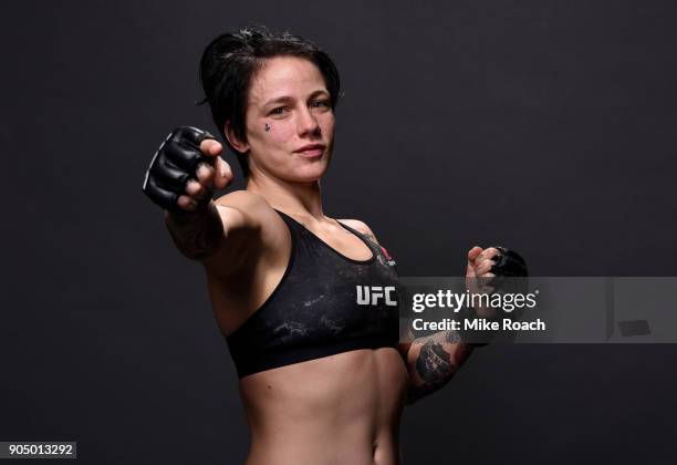 Jessica-Rose Clark of Australia poses for a post fight portrait backstage during the UFC Fight Night event inside the Scottrade Center on January 14,...