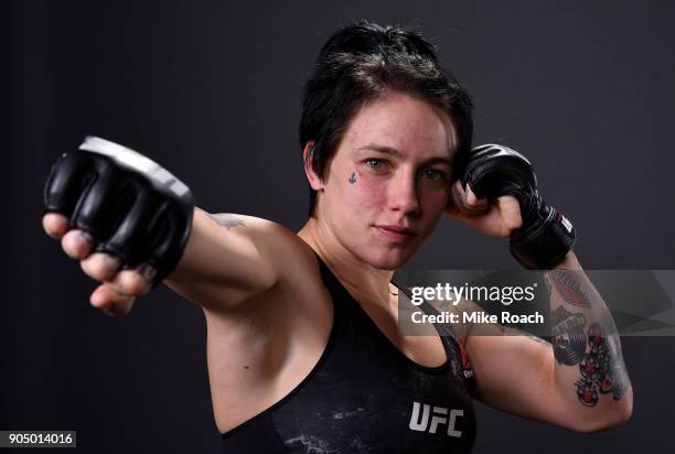 Jessica-Rose Clark of Australia poses for a post fight portrait backstage during the UFC Fight Night event inside the Scottrade Center on January 14,...