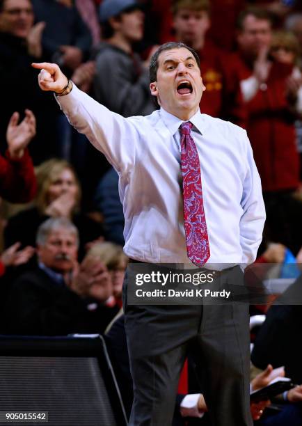 Head coach Steve Prohm of the Iowa State Cyclones coaches from the bench in the second half of play against the Baylor Bears at Hilton Coliseum on...