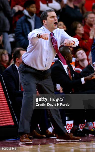 Head coach Steve Prohm of the Iowa State Cyclones coaches from the bench in the second half of play against the Baylor Bears at Hilton Coliseum on...