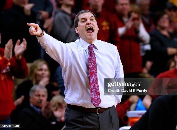 Head coach Steve Prohm of the Iowa State Cyclones coaches from the bench in the second half of play against the Baylor Bears at Hilton Coliseum on...