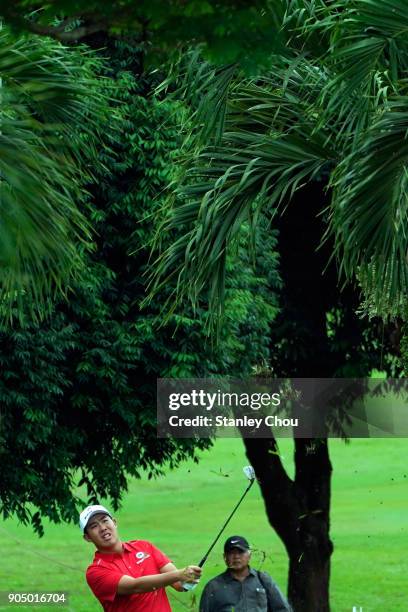 Byeonghun An of team Asia in action during the singles matches on day three of the 2018 EurAsia Cup presented by DRB-HICOMat Glenmarie G&CC on...