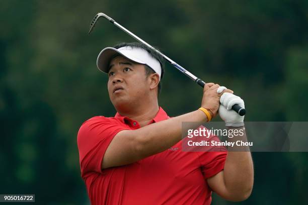 Kiradech Aphibarnrat of team Asia in action during the singles matches on day three of the 2018 EurAsia Cup presented by DRB-HICOMat Glenmarie G&CC...