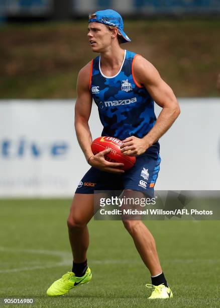 Mason Wood of the Kangaroos in action during a North Melbourne Kangaroos Training Session at Arden Street Ground on January 15, 2018 in Melbourne,...