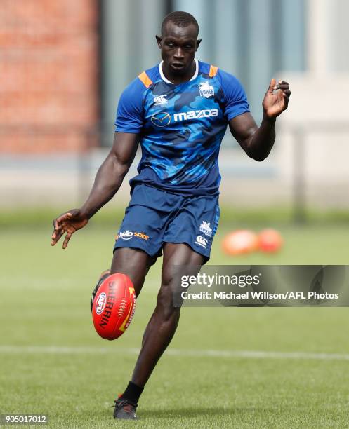 Majak Daw of the Kangaroos in action during a North Melbourne Kangaroos Training Session at Arden Street Ground on January 15, 2018 in Melbourne,...