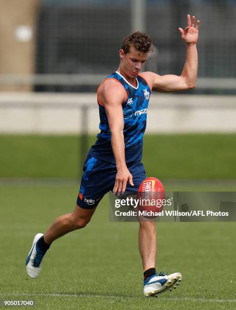 Kayne Turner of the Kangaroos in action during a North Melbourne Kangaroos Training Session at Arden Street Ground on January 15, 2018 in Melbourne,...