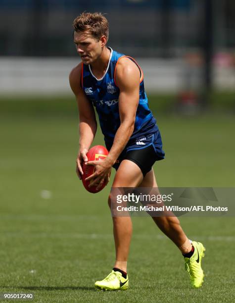 Shaun Higgins of the Kangaroos in action during a North Melbourne Kangaroos Training Session at Arden Street Ground on January 15, 2018 in Melbourne,...