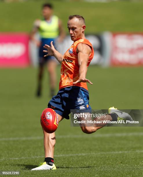 Billy Hartung of the Kangaroos in action during a North Melbourne Kangaroos Training Session at Arden Street Ground on January 15, 2018 in Melbourne,...