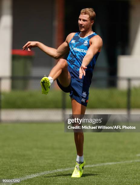 Ben McKay of the Kangaroos in action during a North Melbourne Kangaroos Training Session at Arden Street Ground on January 15, 2018 in Melbourne,...