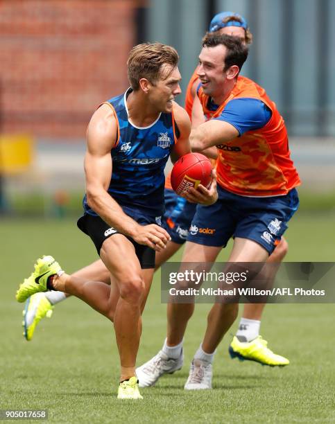 Shaun Higgins and Todd Goldstein of the Kangaroos in action during a North Melbourne Kangaroos Training Session at Arden Street Ground on January 15,...