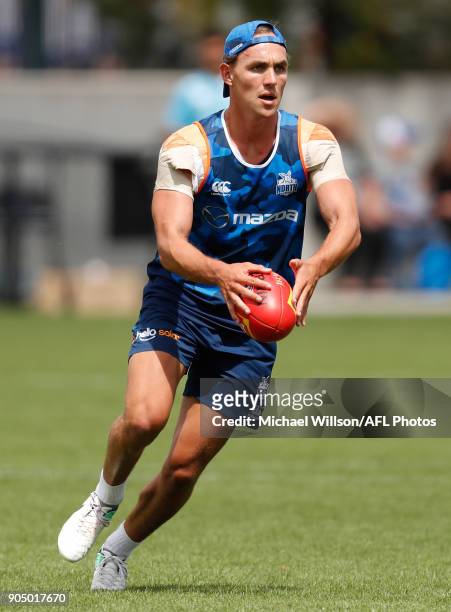 Ryan Clarke of the Kangaroos in action during a North Melbourne Kangaroos Training Session at Arden Street Ground on January 15, 2018 in Melbourne,...