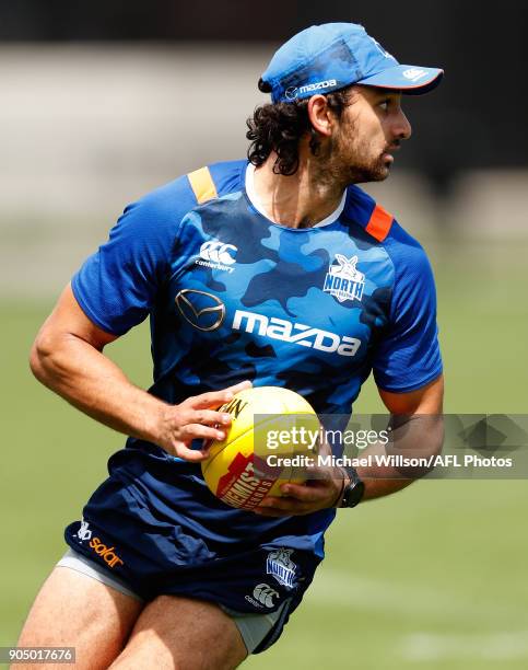 Alex Morgan of the Kangaroos in action during a North Melbourne Kangaroos Training Session at Arden Street Ground on January 15, 2018 in Melbourne,...