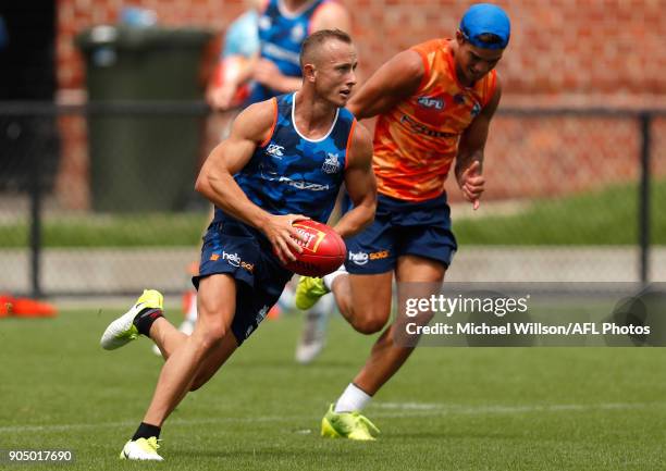 Billy Hartung of the Kangaroos in action during a North Melbourne Kangaroos Training Session at Arden Street Ground on January 15, 2018 in Melbourne,...