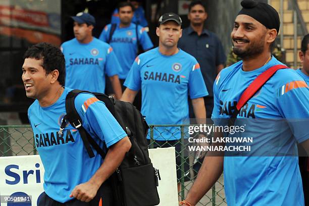 Indian cricketer Sachin Tendulkar , Harbhajan Singh and teammates arrive for a practice session at The R Premadasa Stadium in Colombo on September 9,...