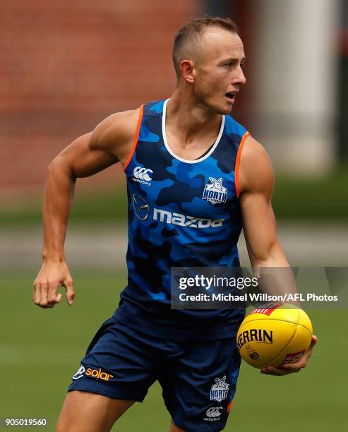 Billy Hartung of the Kangaroos in action during a North Melbourne Kangaroos Training Session at Arden Street Ground on January 15, 2018 in Melbourne,...