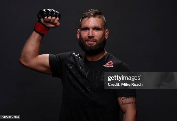 Jeremy Stephens poses for a post fight portrait backstage during the UFC Fight Night event inside the Scottrade Center on January 14, 2018 in St....