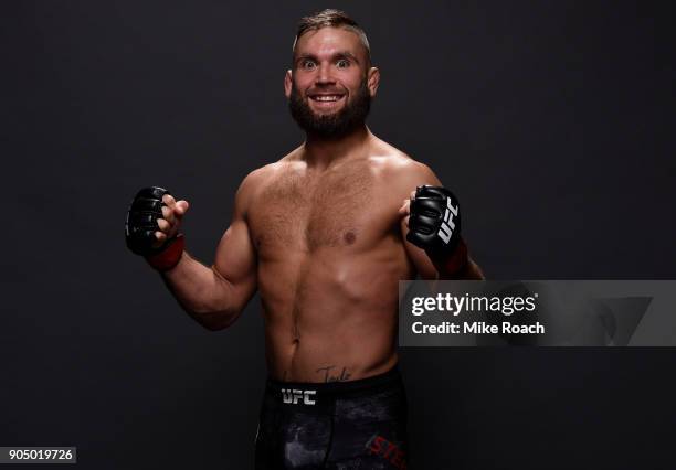 Jeremy Stephens poses for a post fight portrait backstage during the UFC Fight Night event inside the Scottrade Center on January 14, 2018 in St....