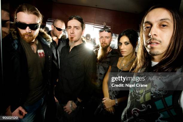 Lacuna Coil posed in Leeds on November 08 2008. L - R Marco Biazzi, Marco Coti Zelati, Cristiano Migliore, Cristiano Mozzati, Cristina Scabbia,...