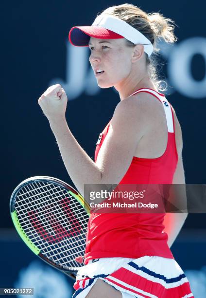 Olivia Rogowska of Australia celebrates winning a point in her first round match against Jaimee Fourlis of Australia on day one of the 2018...