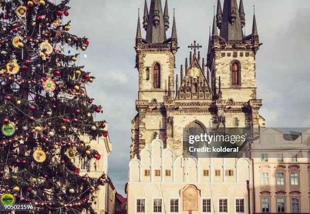 church of our lady before týn in prague old town. christmas tree on the square next to the church. - prague christmas stock-fotos und bilder