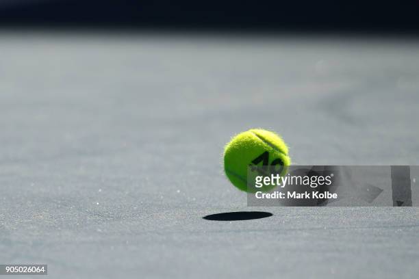 General view of an official Australian Open tennis ball on day one of the 2018 Australian Open at Melbourne Park on January 15, 2018 in Melbourne,...