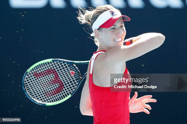 Olivia Rogowska of Australia plays a forehand in her first round match against Jaimee Fourlis of Australia on day one of the 2018 Australian Open at...