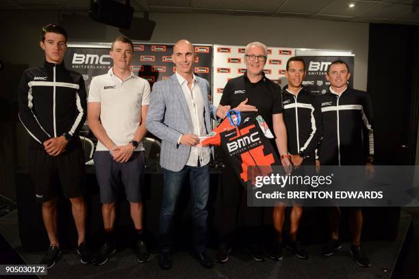 Rider Miles Scotson, rider Rohan Dennis, Swisse Wellness CEO Oliver Horn, BMC Racing Team director of business solutions Georges Luchinger, rider...