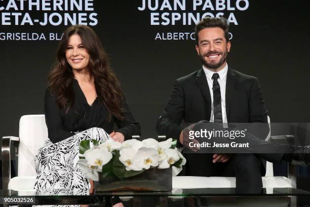 Actors Catherine Zeta-Jones and Juan Pablo Espinosa attend A+E Networks' 2018 Winter Television Critics Association Press Tour on January 14, 2018 in...