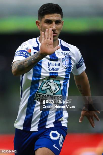 Victor Guzman of Pachuca celebrates after scoring the final equalizer during the second round match between America and Pachuca as part of the Torneo...