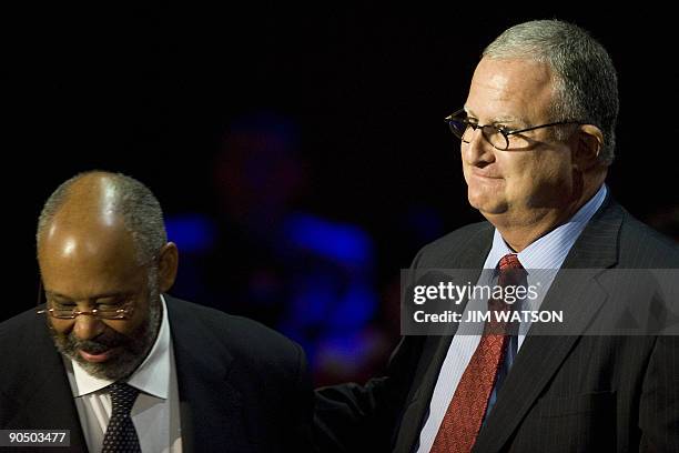 Evening News Executive Producer Rick Kaplan speaks with "60 Minutes" Producer Harry Radliffe during a memorial service for CBS newsman Walter...