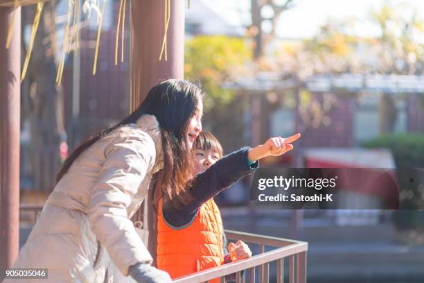 mother and son looking at birds in pond - kanagawa prefecture stock pictures, royalty-free photos & images