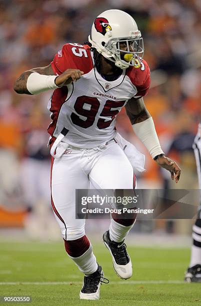 Linebacker Ali Highsmith of the Arizona Cardinals defends against the Denver Broncos during NFL preseason action at Invesco Field at Mile High on...