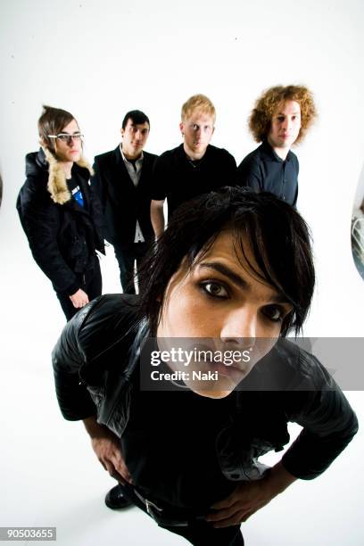My Chemical Romance posed in London on November 05 2005. L - R Mikey Way, Frank Iero, Bob Bryar, Ray Toro, Gerard Way at front