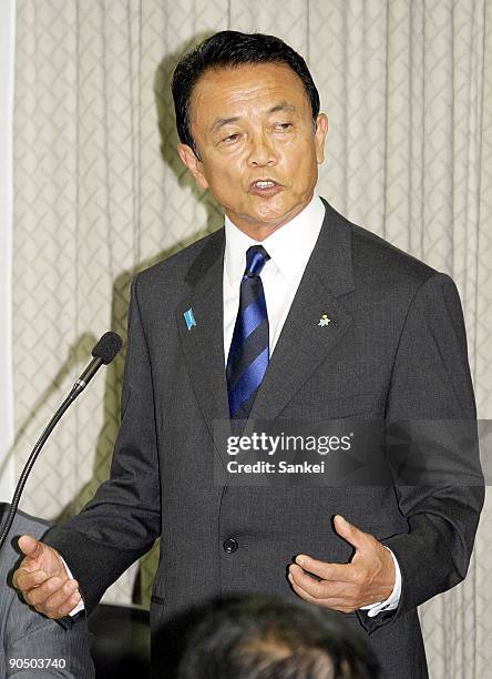 Japanese Prime Minister and Liberal Democratic Party President Taro Aso speaks during the Joint Plenary Meeting of Party Members of Both Houses of...