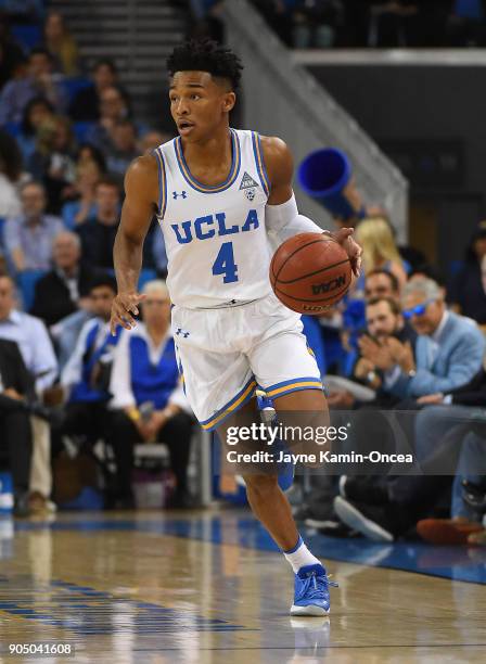 Jaylen Hands of the UCLA Bruins takes the ball down court in the game against the Utah Utes at Pauley Pavilion on January 11, 2018 in Los Angeles,...