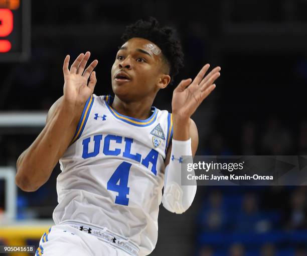 Jaylen Hands of the UCLA Bruins watches his shot in the game against the Utah Utes at Pauley Pavilion on January 11, 2018 in Los Angeles, California.