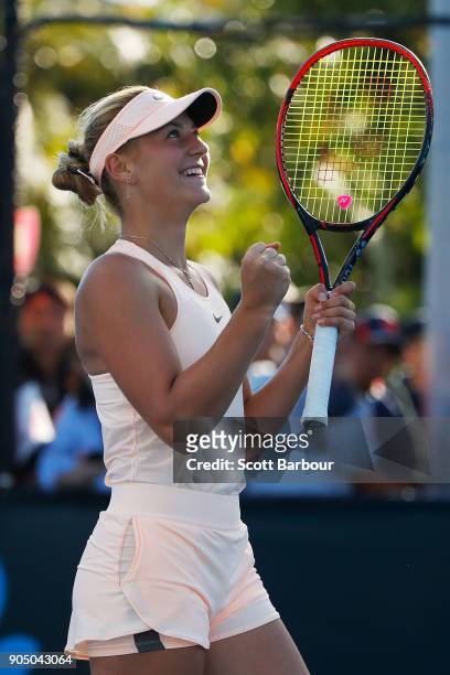 Marta Kostyuk of Ukraine celebrates after winning her first round match against Shuai Peng of China on day one of the 2018 Australian Open at...